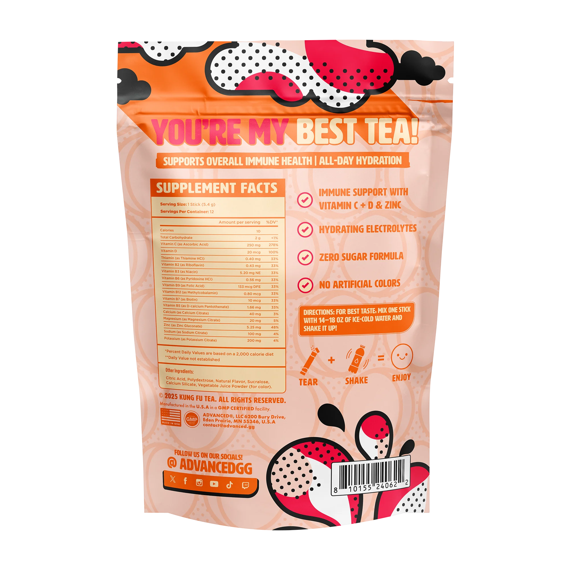 Immunity+ Hydration Kung Fu Tea Peach Oolong Tea Stick Packs - Image 2